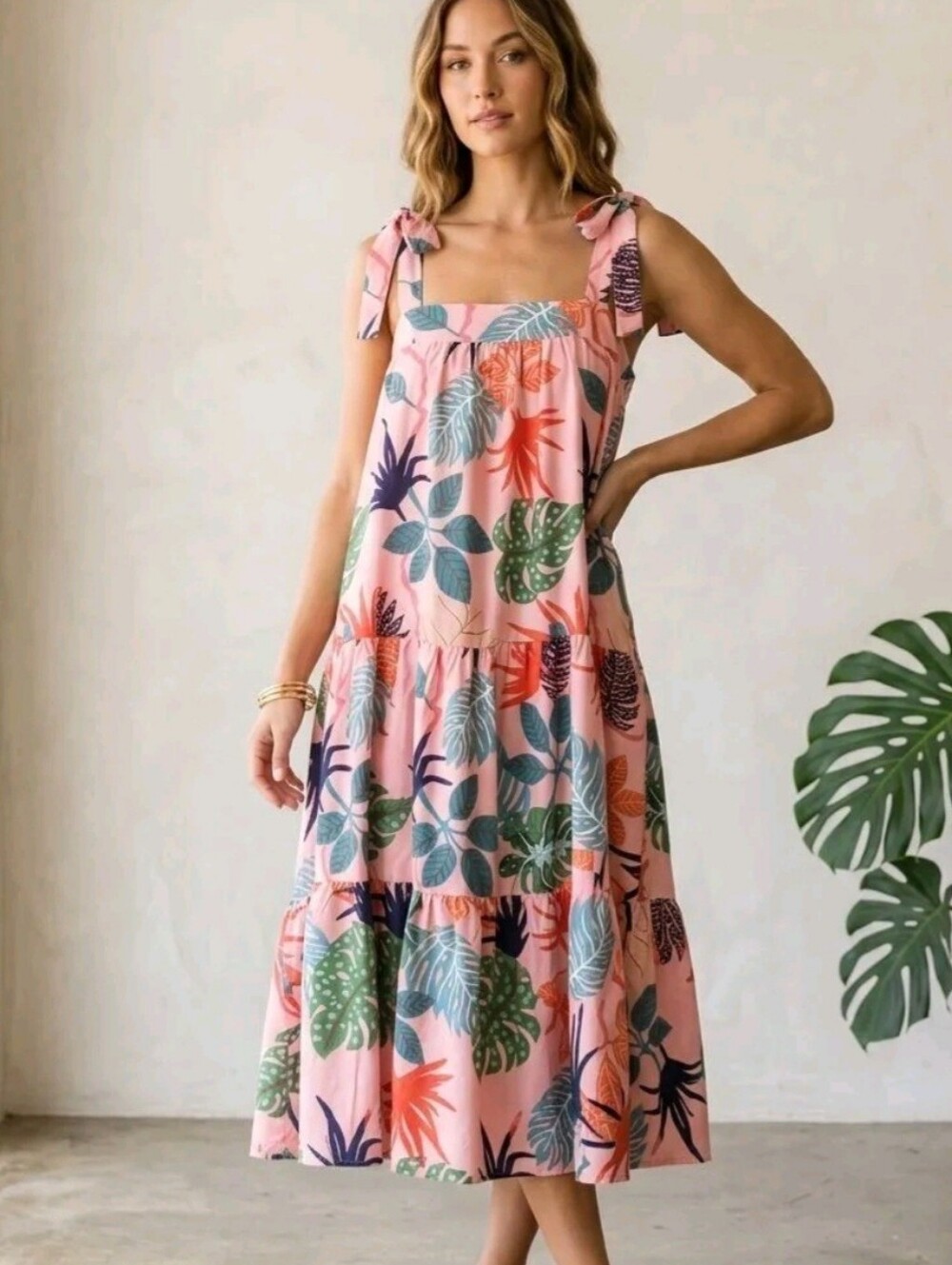 Umgee Pink Tropical Tiered Tie-Shoulder Midi Dress | Size L - NWT